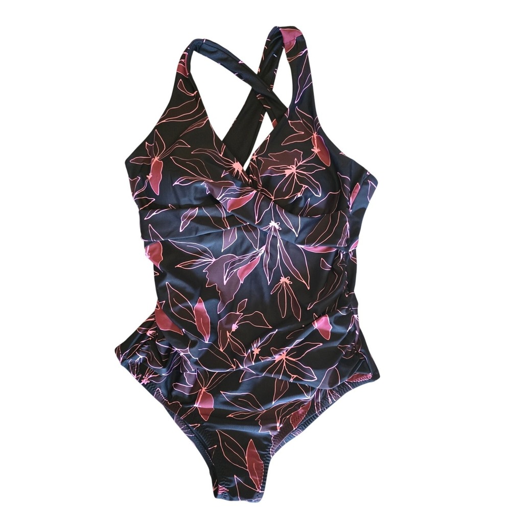 Eddie Bauer One Piece Swimsuit L Womens Black Pink Tropical Print Padded Beach